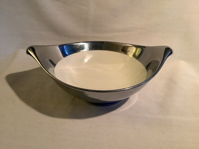 Vintage MCM Ceramic Bowl White With Nickel Plating 6  X 8  Atomic Candy Bowl
