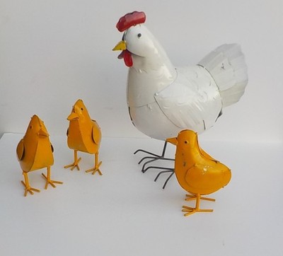 METAL ART FOUR (4) PIECE CHICKEN SCULPTURE SET HEN AND THREE CHICKS