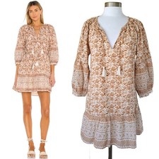 CLEOBELLA Rosy Mini Dress Size medium Tamil Woodblock Print Boho Cream Brown