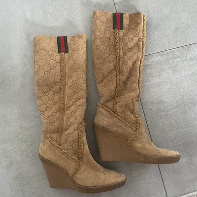 Gucci Courtney Suede Microguccissima Shearling Wedge Knee High Boots 7 