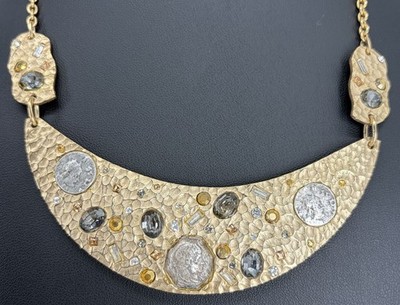 TAT2 Hammered Gold Tone Statement Necklace Faux Coin Crystal Bib