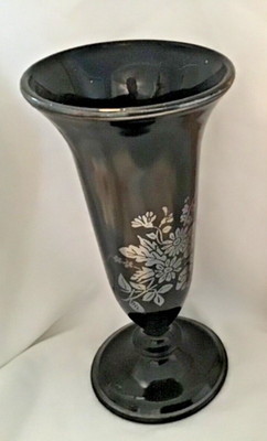  Black Amethyst Bud Vase With Silver Overlay Flowers 6''