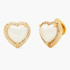 KATE SPADE GOLD TONE JEWELED HEART SHAPE PEARL CRYSTALS HALO STUD EARRINGS + BOX