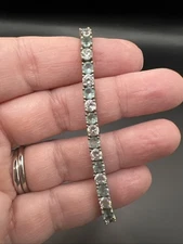 Vtg Silver Toned  CZ Tennis Bracelet Blue Clear Stones SUN BR