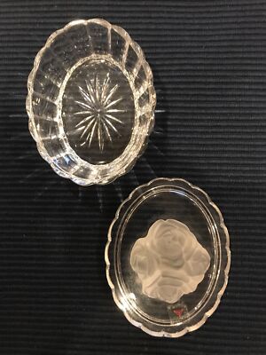 Cristalli Puthod Italy Clear Crystal Oval Trinket Box W Two Frosted Flowers Deco