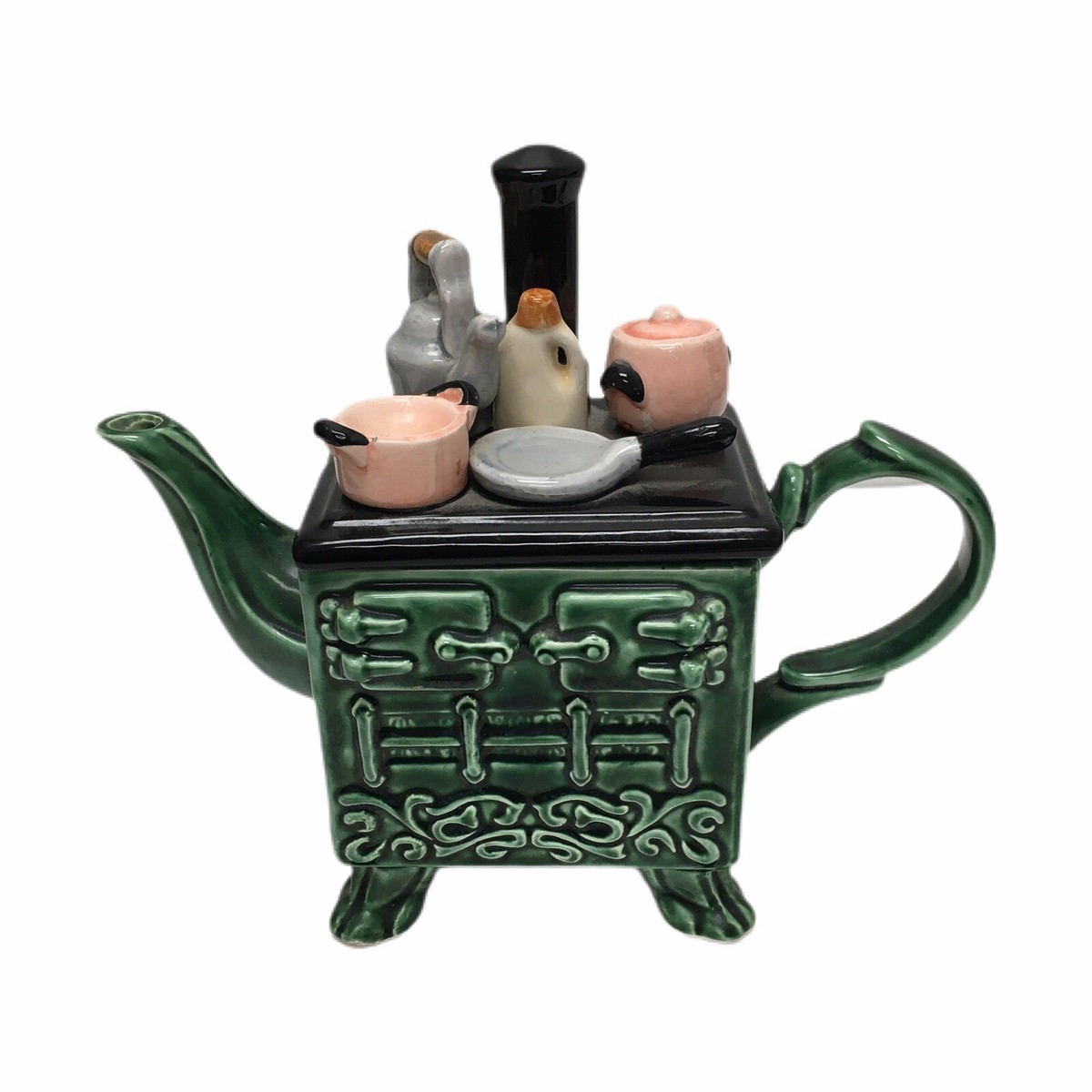 Decorative Teapot - Old Stove With Utensils, 1989, Green
