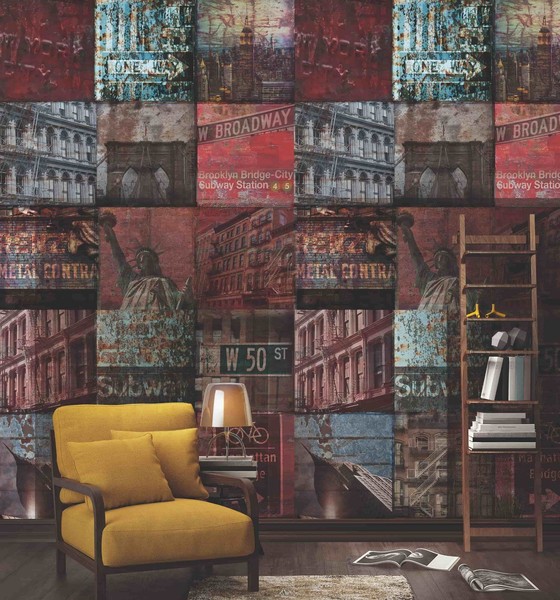 Grandeco Fototapete Vlies A40101 New York Patchwork Rot Blau (10,10€/1Qm)-image