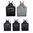 Denim Bib Apron Leather Strap Barista Baker Bartender BBQ Chef Work Uniform Cook