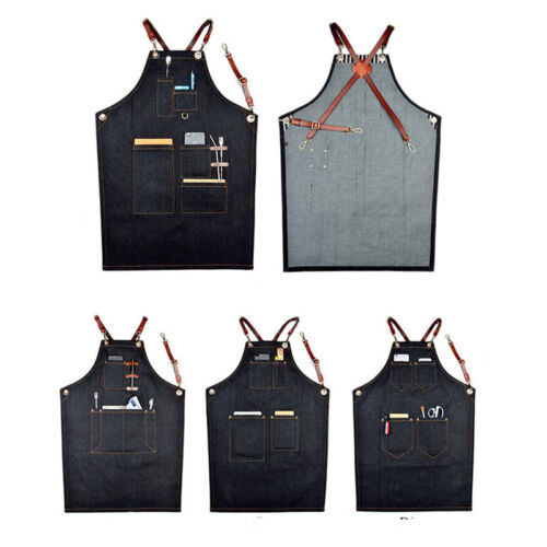 Denim Bib Apron Leather Strap Barista Baker Bartender BBQ Chef Work Uniform Cook - Picture 1 of 14