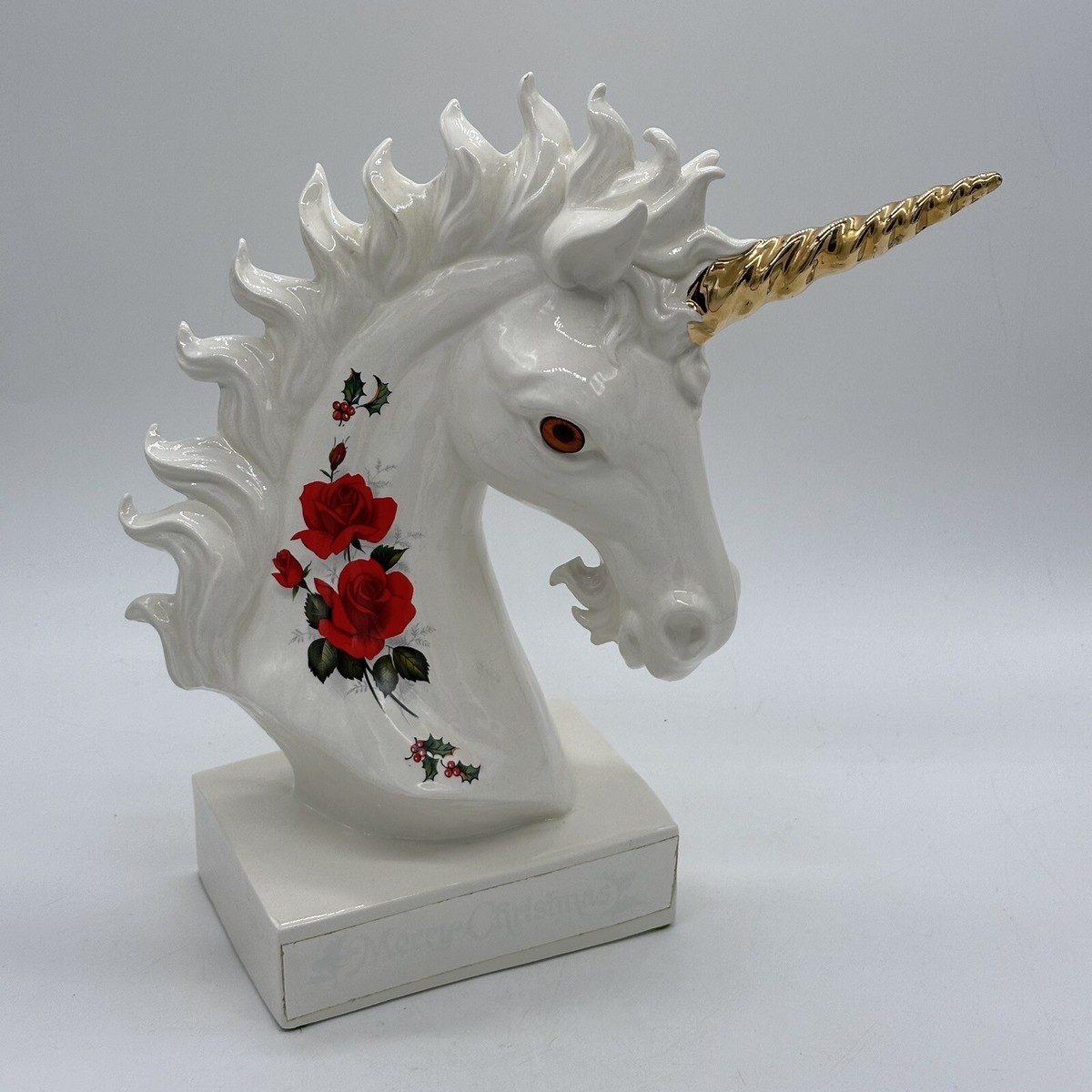 Vintage 1980s White Red Floral Ceramic Unicorn Gold Horn Head Bust