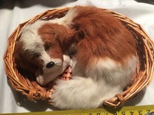 Life Like realistic Stuffed Dog in Cane Basket 
