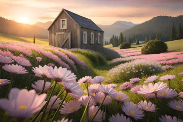 ein Feld mit rosa Blumen auf einer Wiese mit einem einzelnen Haus darin. wunders