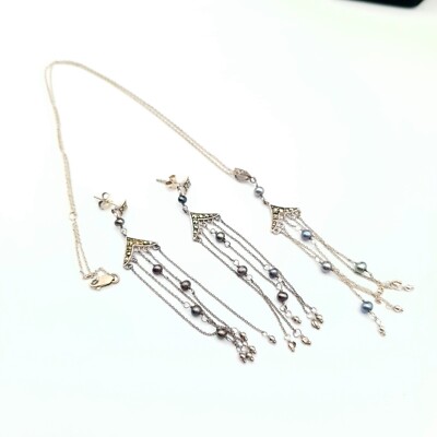 Set Heide Halskette Ohrringe Set Süßwasserperlen blau schwarz Sterling Silber Tropfen