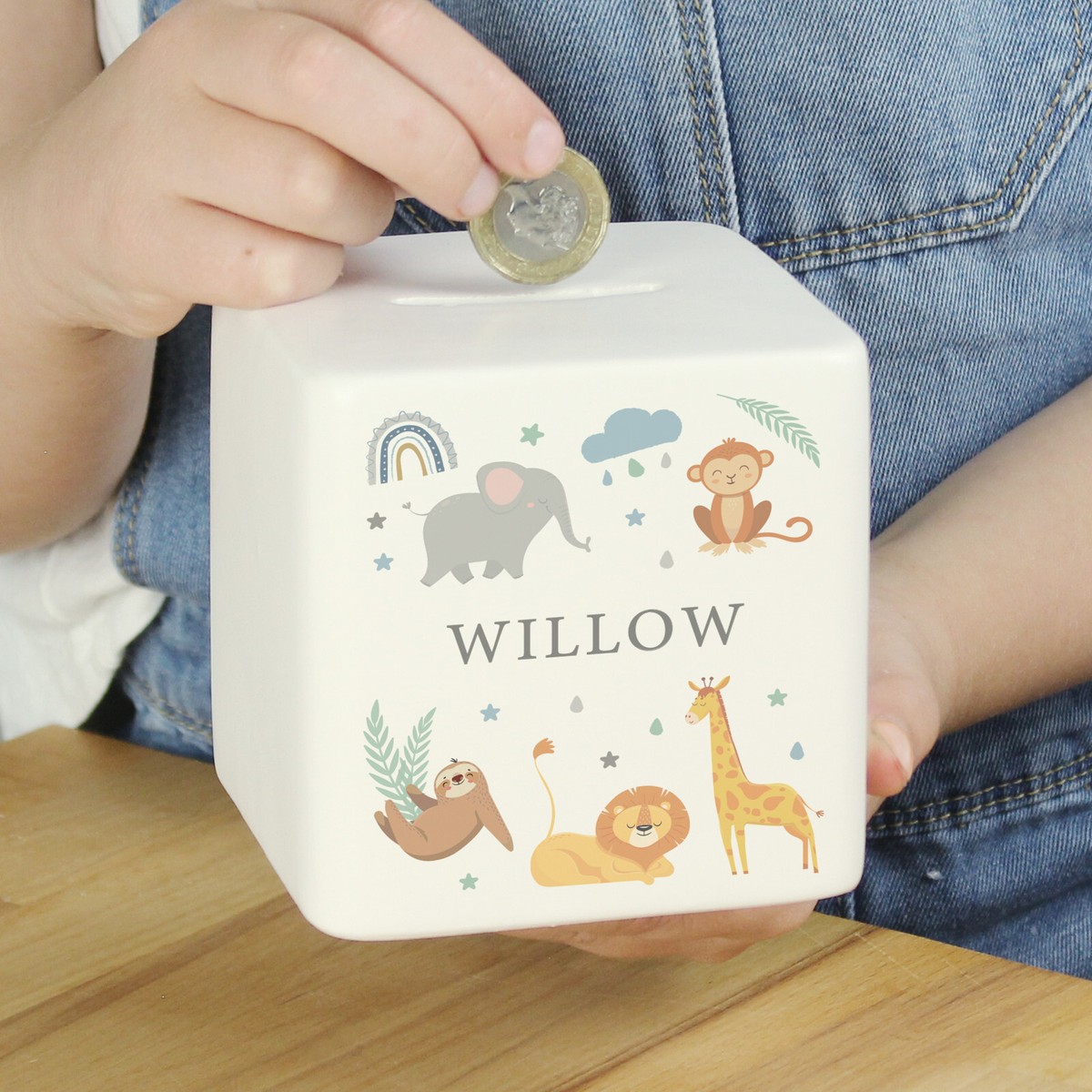 Personalised Childrens Moneybox Animals Square Ceramic White Money