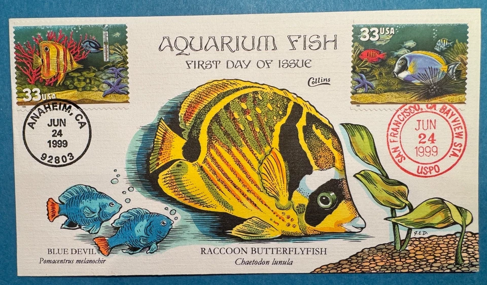 #3317-3320 AQUARIUM FISH set of 2  FDC's COLLINS  hand-painted PERFECT!!! - Image 2 of 3