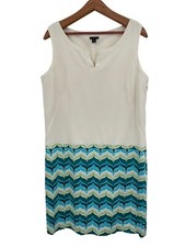 Ann Taylor Dress Size 14 Chevron Print White Blue Shift Drop Waist MOD 70s