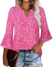 Hot Pink Tops for Women Long sleeve Alicia Flower Print V Neck Floral Top Medium