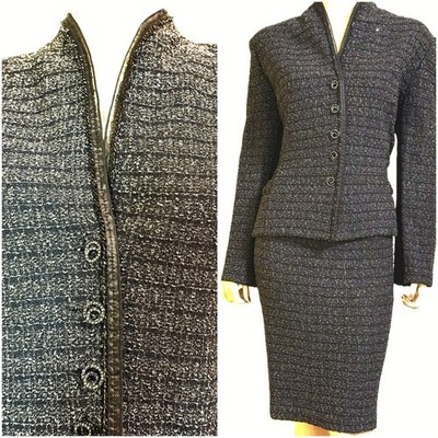 Excellent St John Black w Silver Sparkle Evening Skirt & Jacket Suit sz 16 WOW!