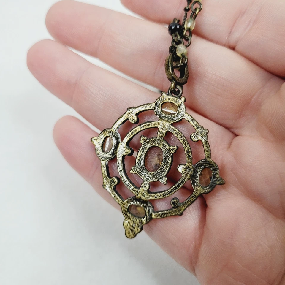 复古雅芳吊坠项链古董黄铜绿色黄色水钻波西米亚 — 第 3/4 张图片