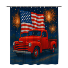 Red Truck Shower Curtain with American Flag and Fireworks Design