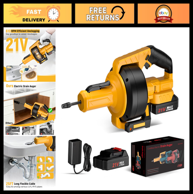 #ad Cordless Electric Drain Auger 25FT Auto Feed Snake for Hair Clogs 21V Battery $222.99