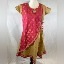 Tan and pink detailed Indian Pakistan kurta tunic top size 2XL
