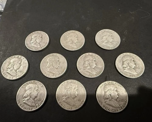 1951 Franklin Silver Half Dollar Lot of 10 Coins 50C Circulated Business Strike