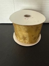 Ribbon, Wire Edged, 10 Yard Spool 2.5 Inches Wide Metallic Shimmer Gold Stars