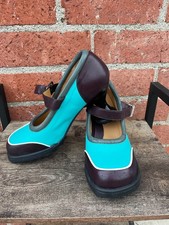 John Fluevog Mini Gorgeous Mary Jane Shoes, Aqua and Dark Burgundy, Size 10