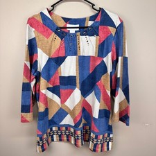 Alfred Dunner Women XL Geometric Colorblock Studd 3/4 Sleeve Knit Top Blue Pink