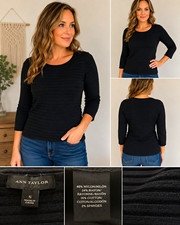 Ann Taylor Women  s Small Black Ribbed Knit Sweater 3/4 Sleeve Stretch Pullover