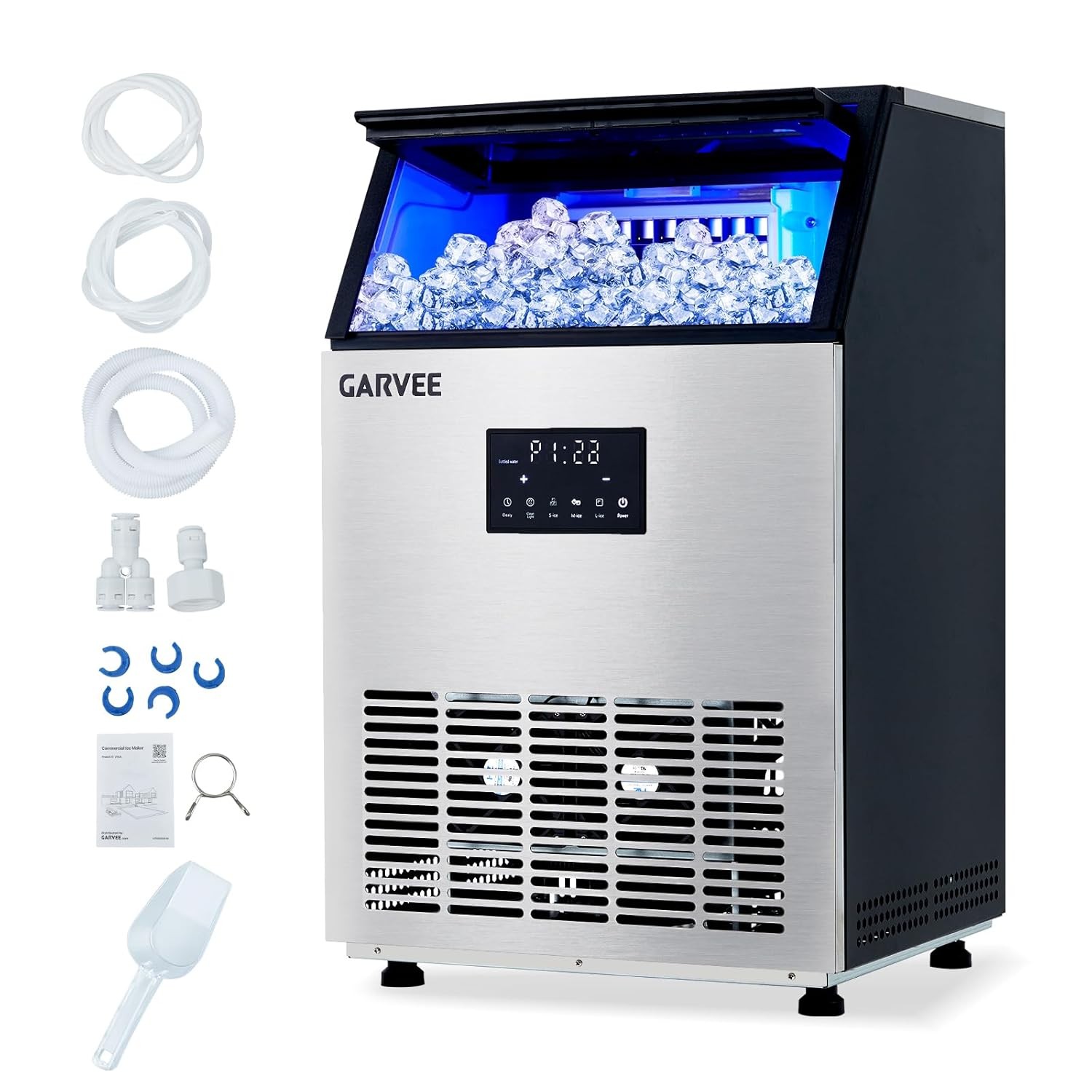 Garvee Commercial Ice Maker,40 Lbs Storage,Freestanding,150 Lbs/24H,3 Ice Sizes