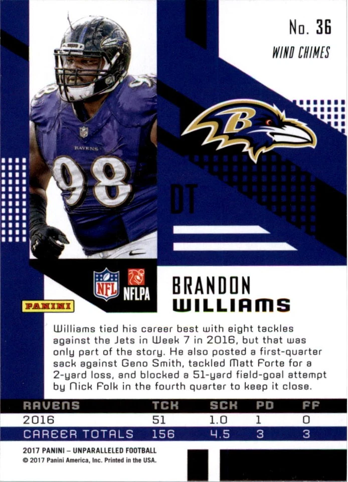 2017 Panini Unparalleled Lime Green #36 Brandon Williams - FB - Image 2 of 2