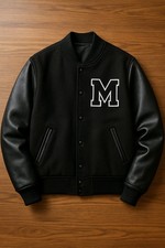 Men Black Varsity Jacket with Black Leather Sleeves   Custom Letterman Style