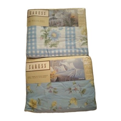 Vintage Caress Mervyn's Twin Sheet Set Flat Fitted Arboretum Blue Floral USA NOS