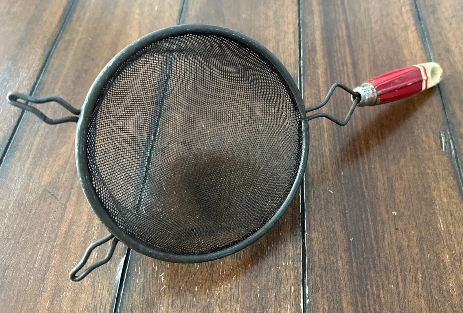 Vintage Red Wood Handle Steel Mesh Sieve Sifter Strainer Colander Large