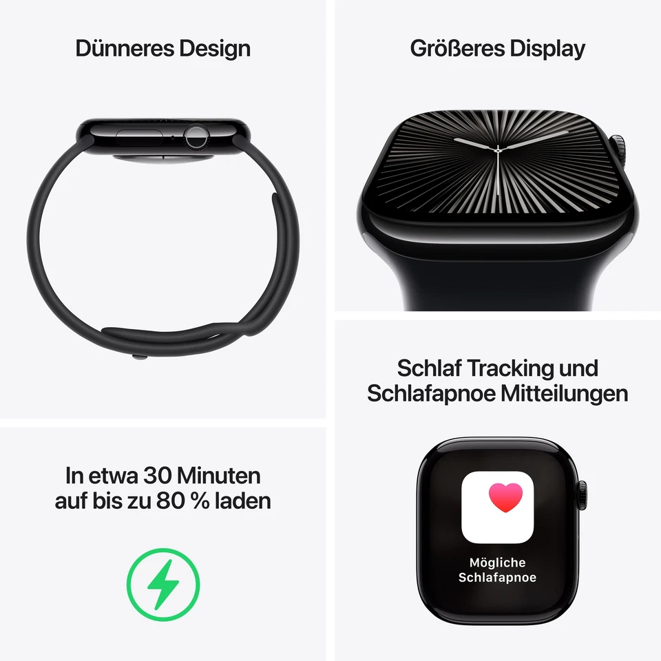 Apple Watch Series 10 GPS 42mm Aluminium Diamantschwarz Sportarmband schwarz ... - Bild 3 von 4