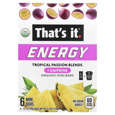 Energy, Organic Mini Bars, Tropical Passion Blends, 6 Mini Bars, 0.7 oz (20 g)