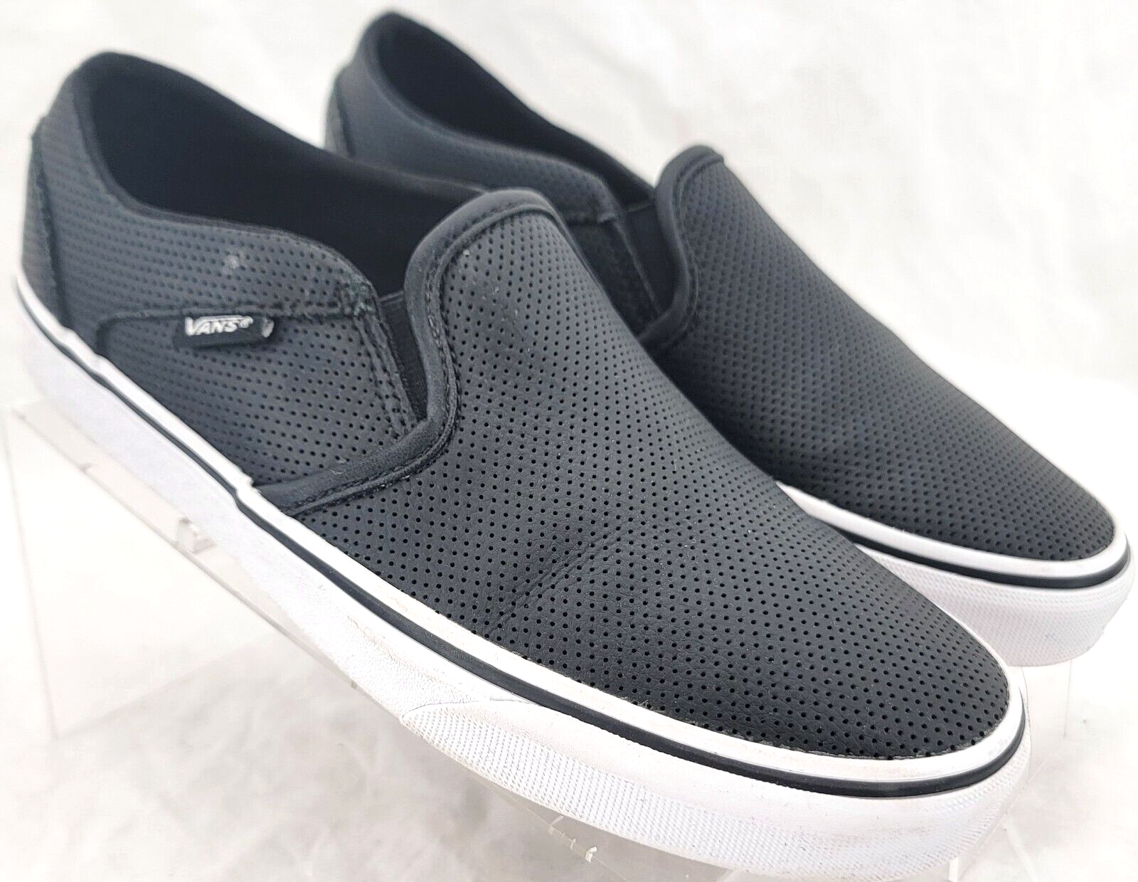 Vans Asher Black Leather Perforated Slip-On Loafers Womens Size 7 Skate Shoes-image