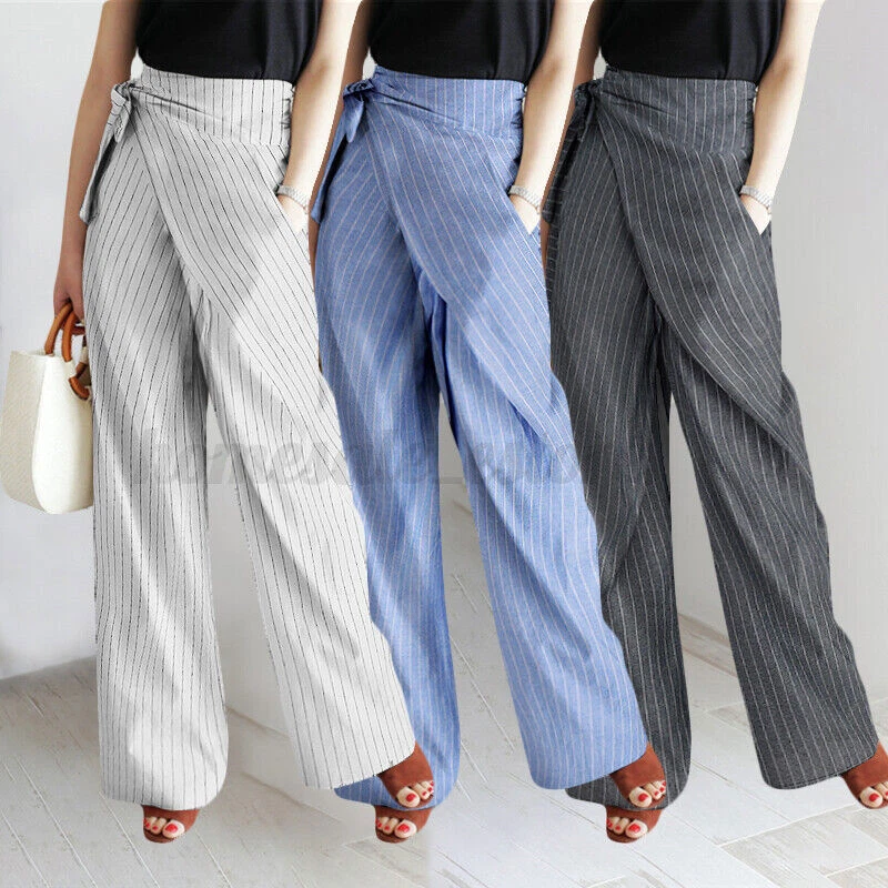 Womens Designer Wide Leg Trousers Cotton Pants Casual Loose Wrap Pants Plus Size