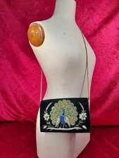 BL-4. Black Velvet Bag With Peacock Embroidery. Mid 20th Century