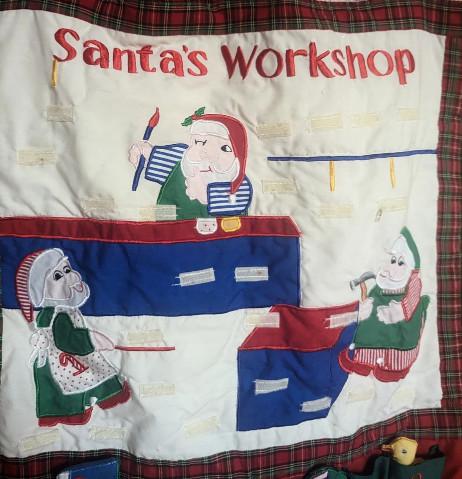 Vintage Christmas Advent Calendar 24 Fabric Pockets 8 Toys Santa's Workshop - Image 2 of 4