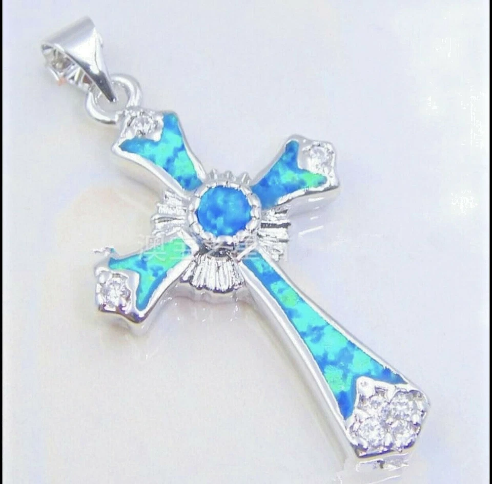 Geometric Blue Opal Color Cross Crucifix Pendant Necklace. Us Seller - Image 2 of 4