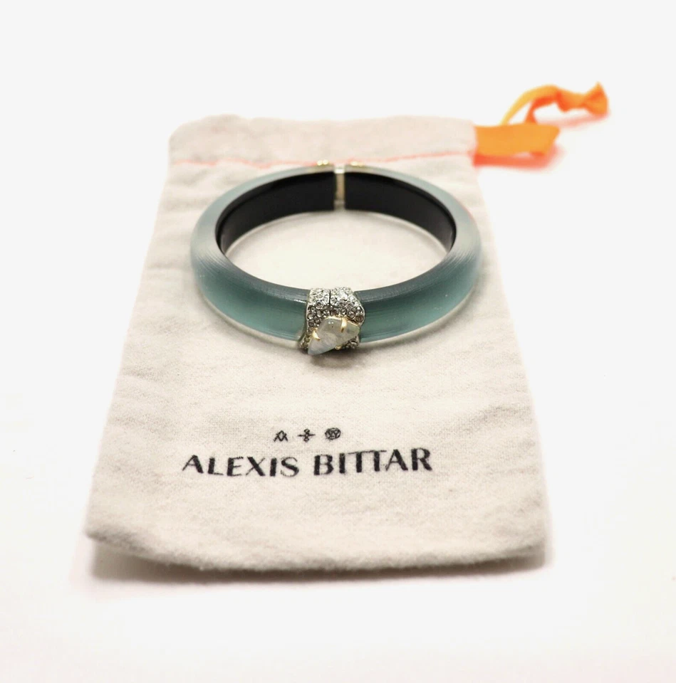 ALEXIS BITTAR TEAL LUCITE AND CRYSTAL HINGED BANGLE BRACELET
