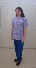 Preowned, Scrubs, Uniform Set - Purple Print Top, Cherokee Blue Pants - Medium