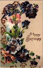 Vintage Postcard A Happy  Birthday Purple Pansy Flowers