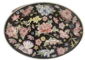 Vintage Chinese JingDeZhen Porcelain Black Flower 8” Oval Plates. Set Of 6