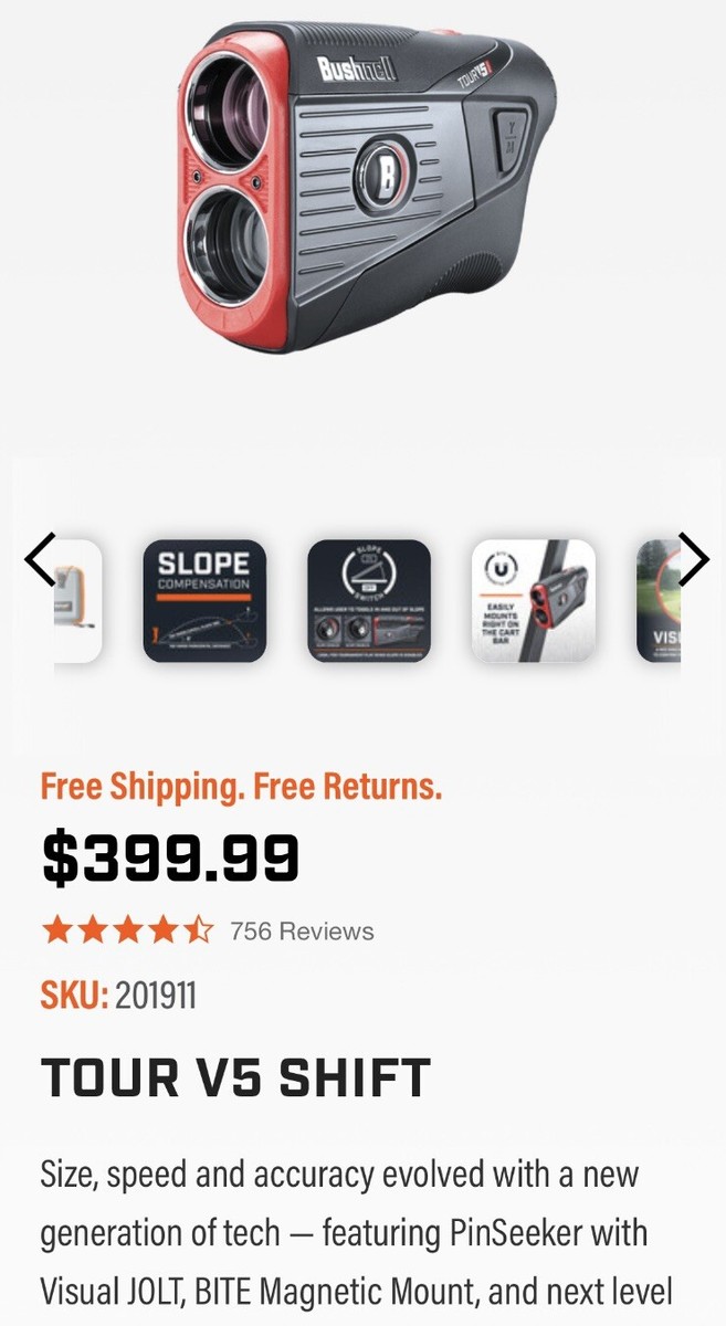 Télémètre De Golf BUSHNELL Tour V5 - Noir/Gris/Orange Avec étui - Occasion