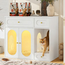 Cat Litter Box Enclosure with LED Light, Hidden Litter Box with Storage Drawers