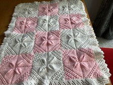 Hand Knitted Lined Pram/Moses basket Blanket In Pink And White